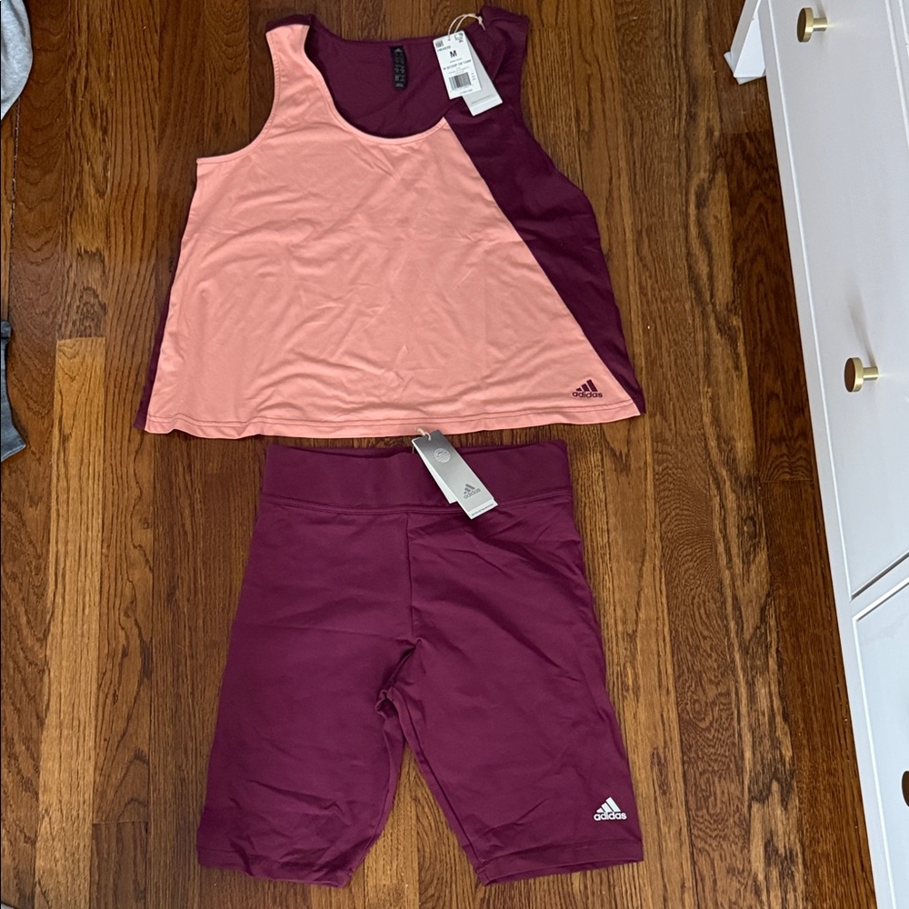 adidas Pink and Burgundy Colorblock Athletic Tank & Bike Shorts Set
